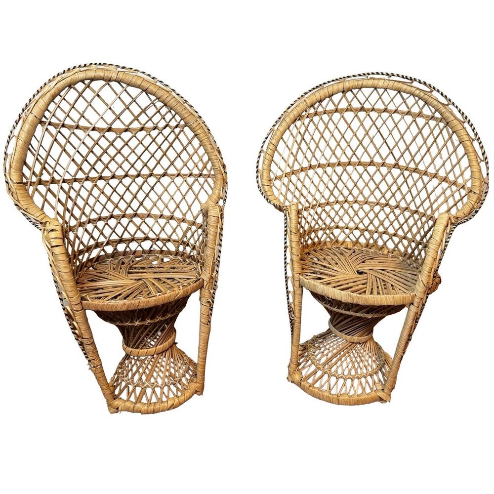 Vintage Wicker Peacock Doll Chair, Rattan Plant Stands